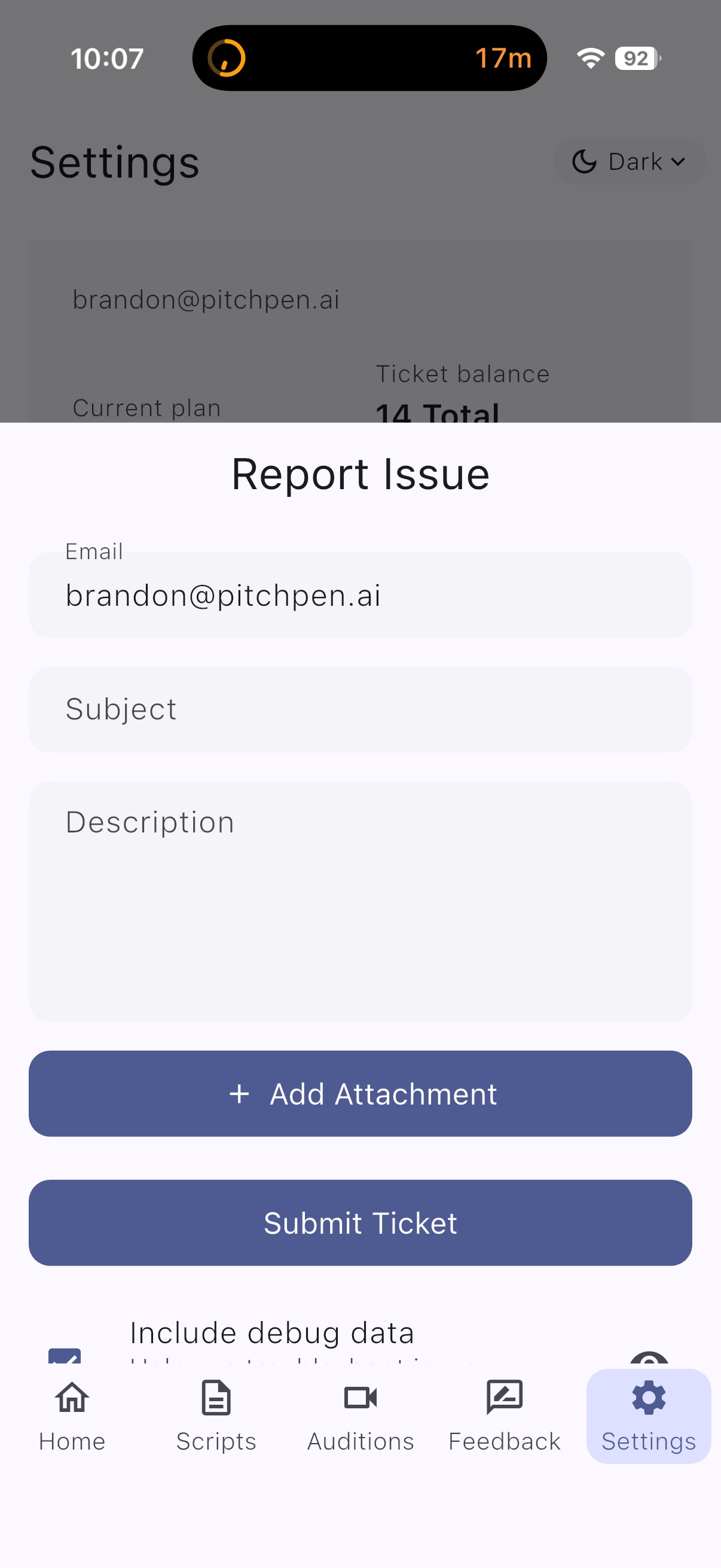 Screenshot of the Report Issue screen in Aidition app Settings